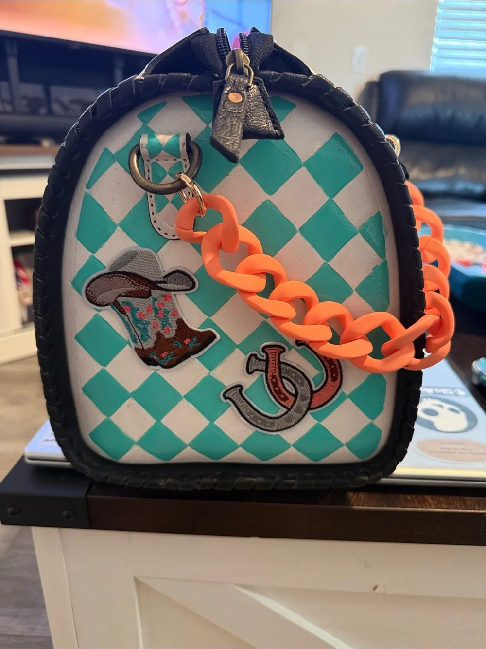 Turquoise & Cream Checker Dome Satchel with Coral Chain Accents